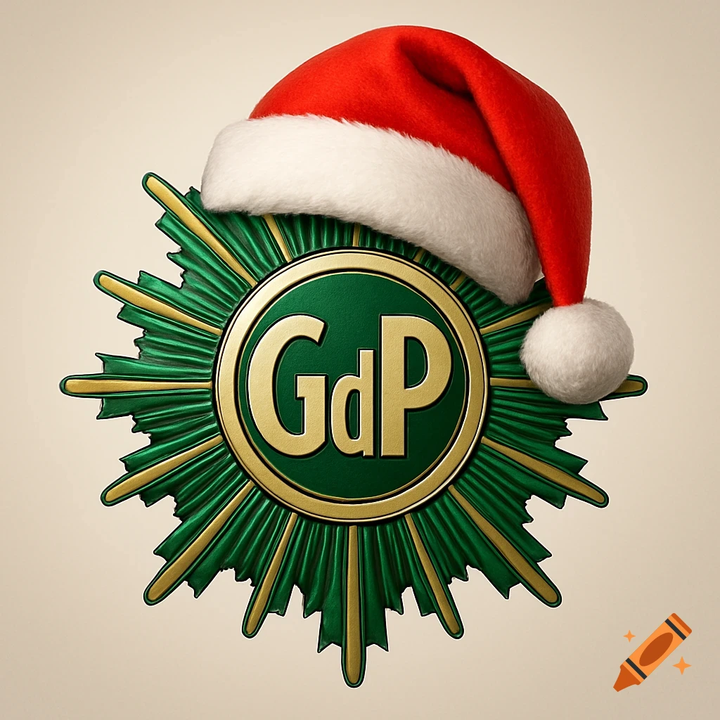 A green and gold star-shaped logo or medal, featuring the letters 'GdP' in the center, adorned with a festive red Santa hat.