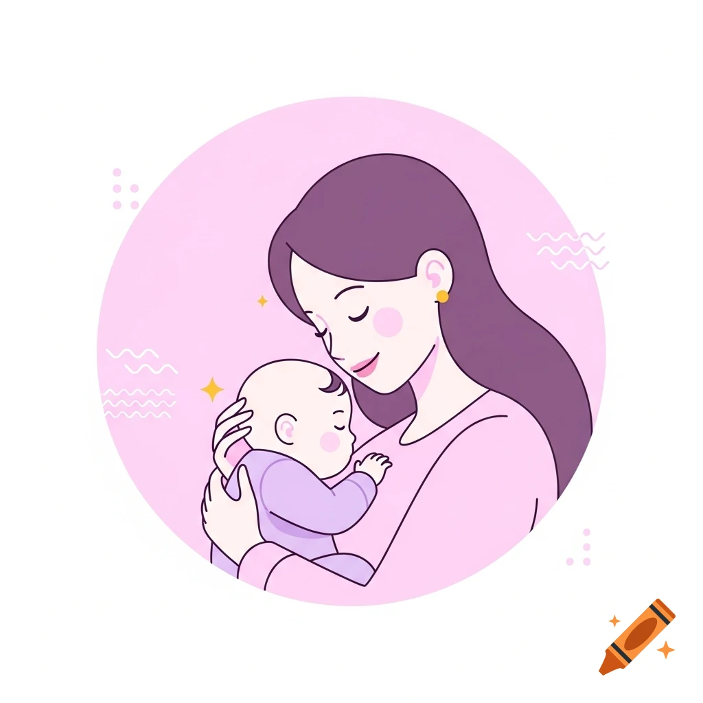 Minimal cartoon illustration of a calm mother cradling a baby in a pink circular frame.