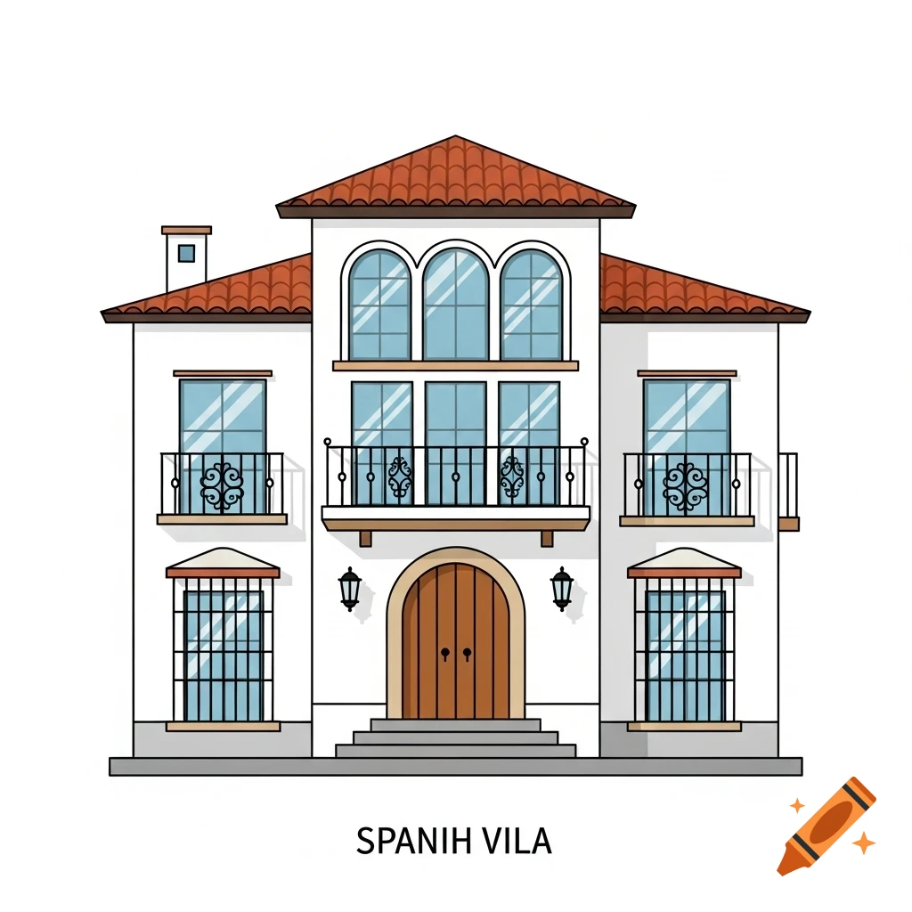 An illustration of a three-story Spanish villa with a red tile roof, arched windows, balconies, and a wooden front door, on a white background.