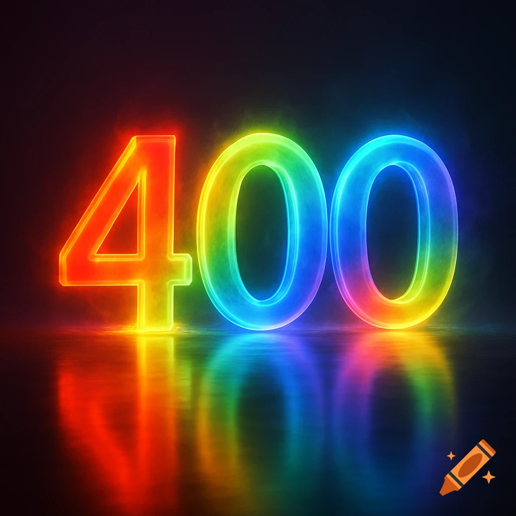 Neon glowing rainbow number 400 reflecting on a dark surface.