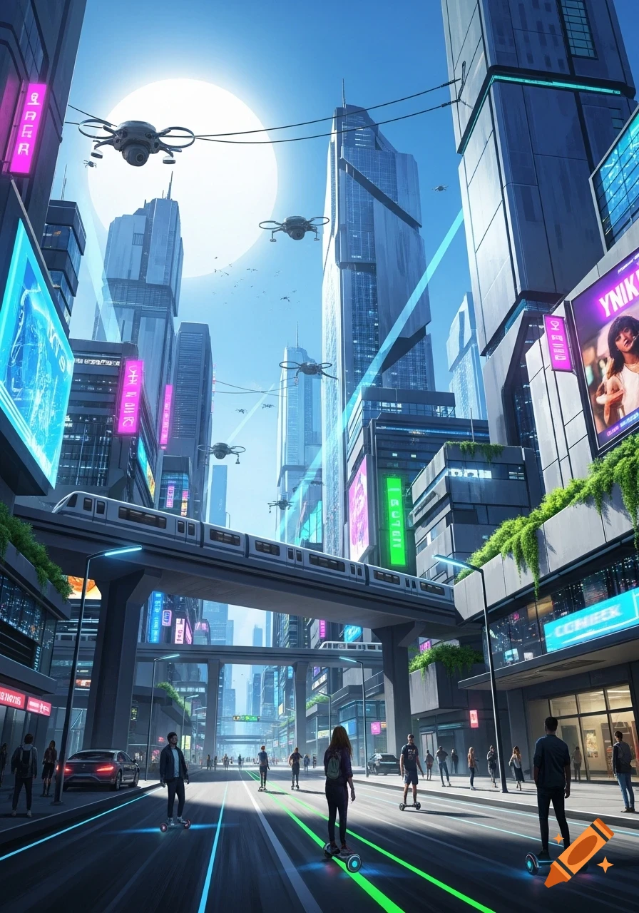 A vibrant, futuristic city with towering skyscrapers, a monorail, flying drones, and people on hoverboards on a bright day.