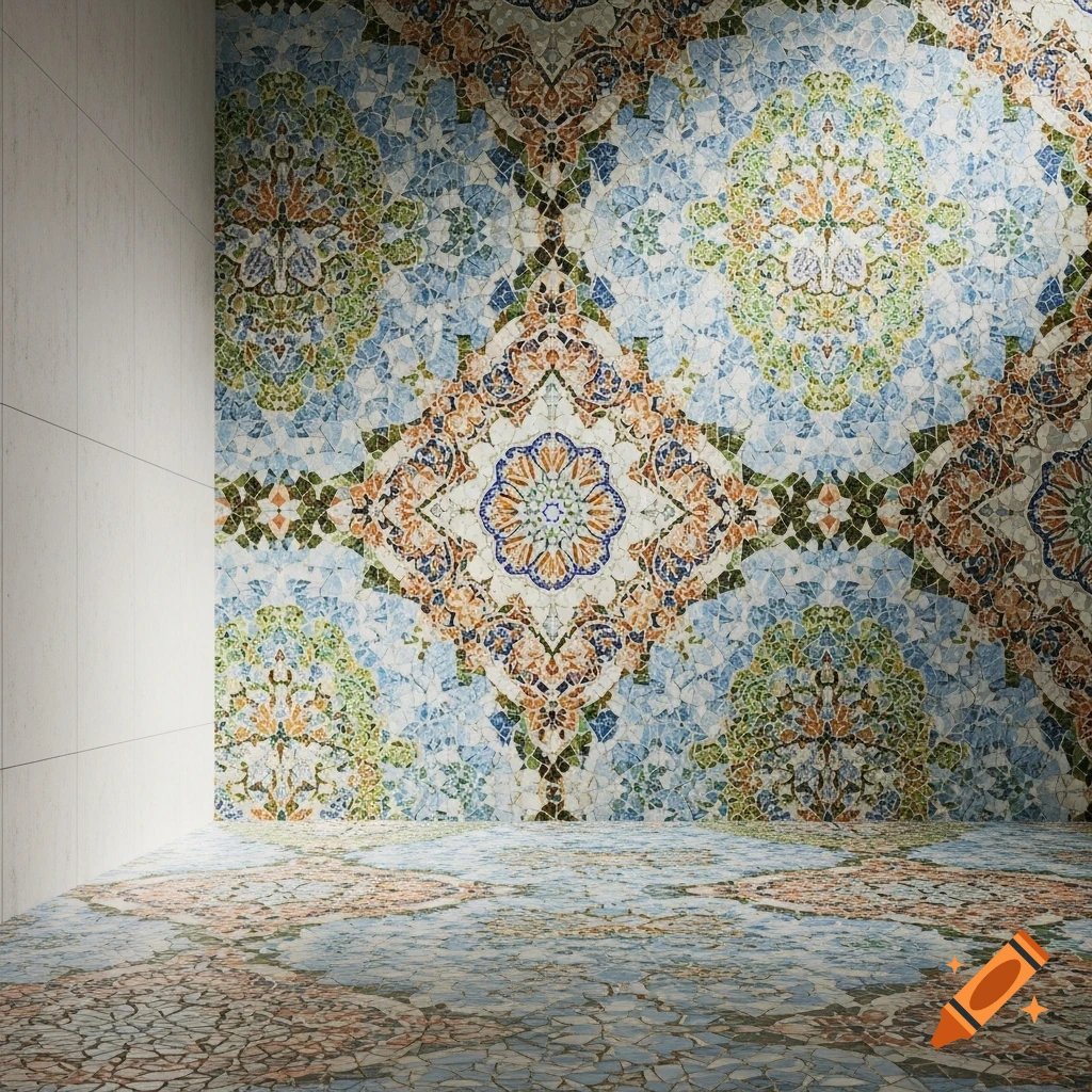 A corner of a room with a wall and floor covered in intricate mosaic tiles featuring colorful mandala patterns.