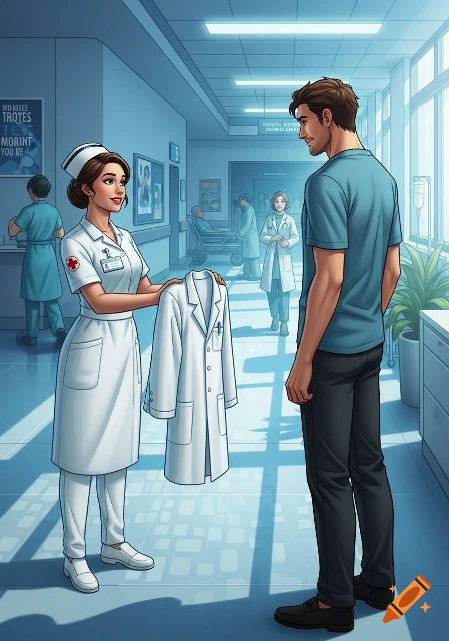 Comic art illustration of a nurse handing a lab coat to a man in a bright hospital hallway.