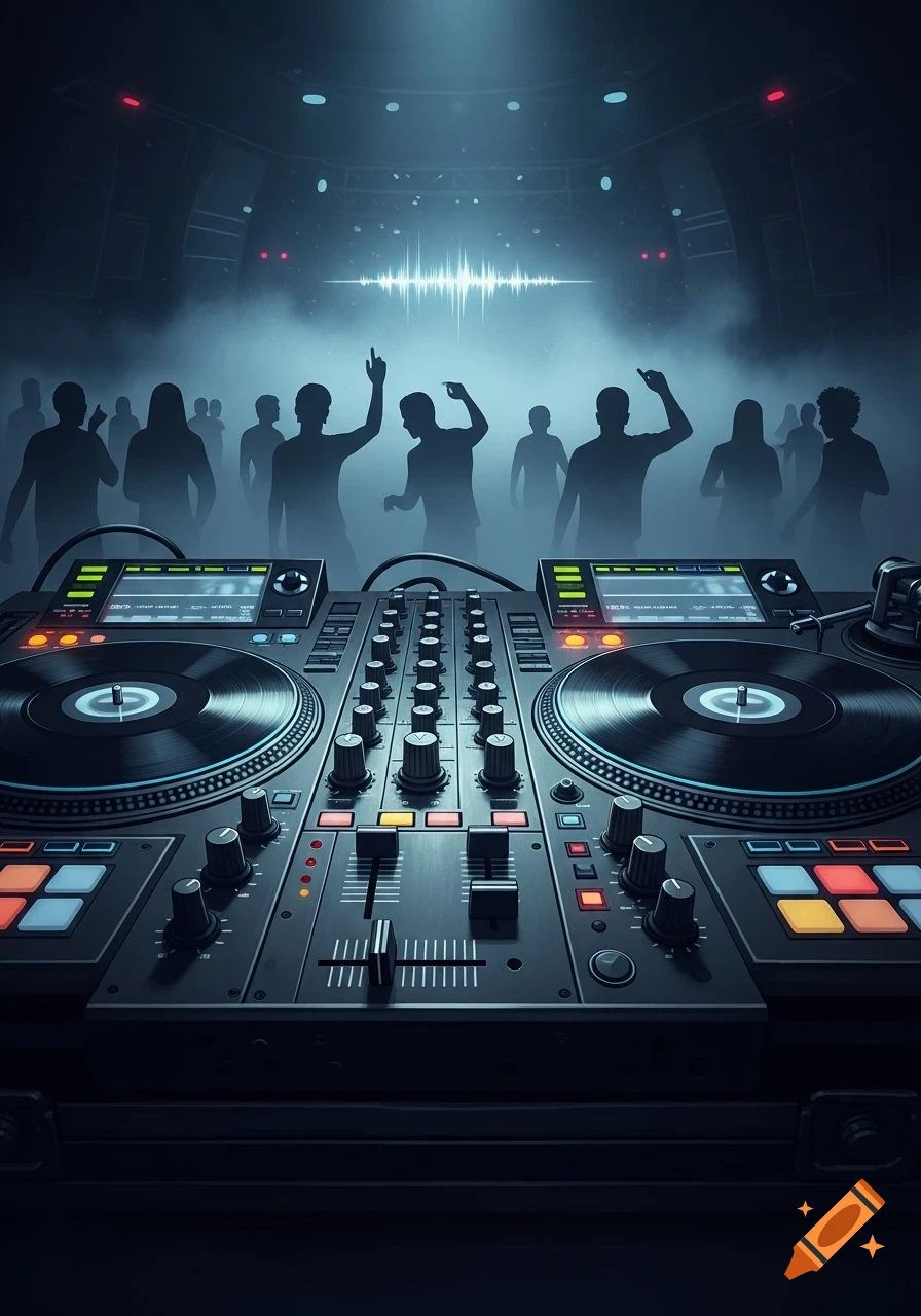 DJ mixer and turntables in the foreground with dancing crowd silhouettes and equalizer graphic in a smoky, dark club setting.