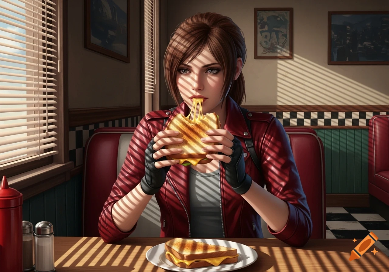 Claire Redfield eating a grilled cheese sandwich with melting cheese in a diner booth with blinds and sun rays.