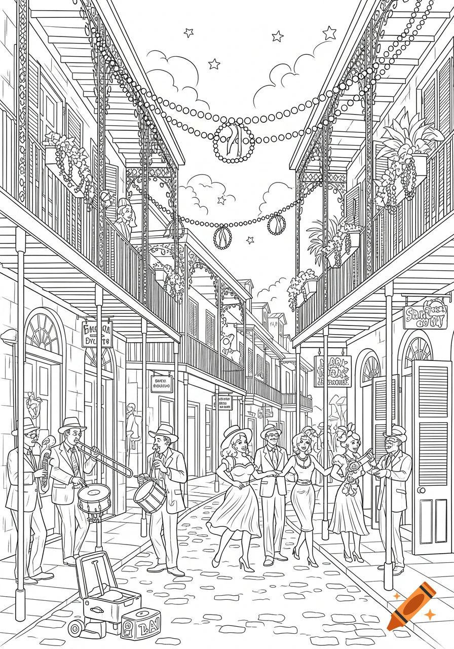 Black and white line drawing of a lively New Orleans street with people, musicians, dancers, balconies, and Mardi Gras beads strung overhead.