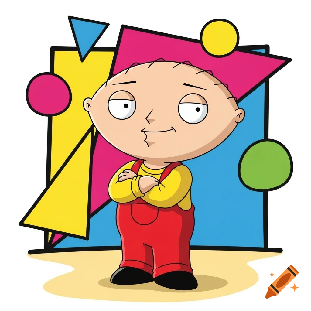 Stewie Griffin, the cartoon baby from Family Guy, with a smug expression, wearing red overalls and a yellow shirt, standing against colorful geometric shapes.