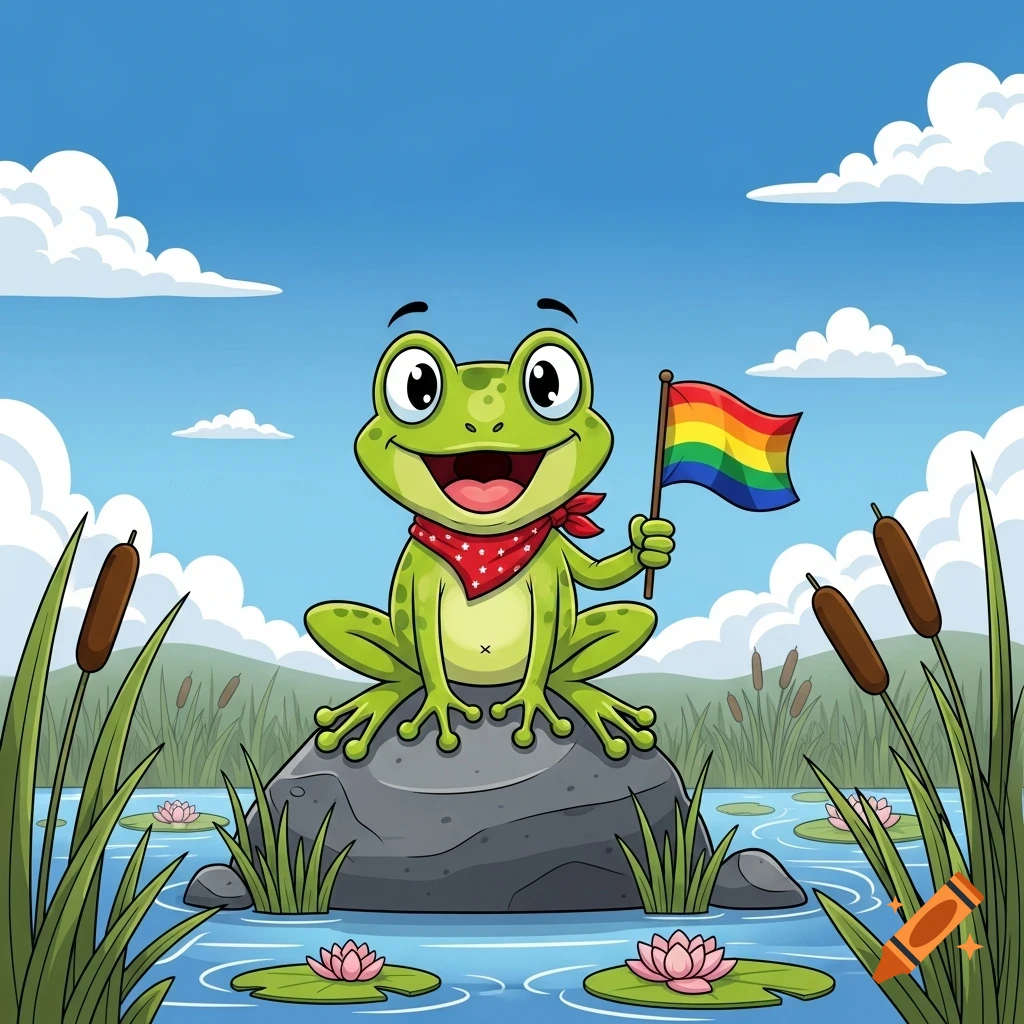 A happy cartoon frog with a red bandana sits on a rock in a pond, holding a rainbow pride flag.
