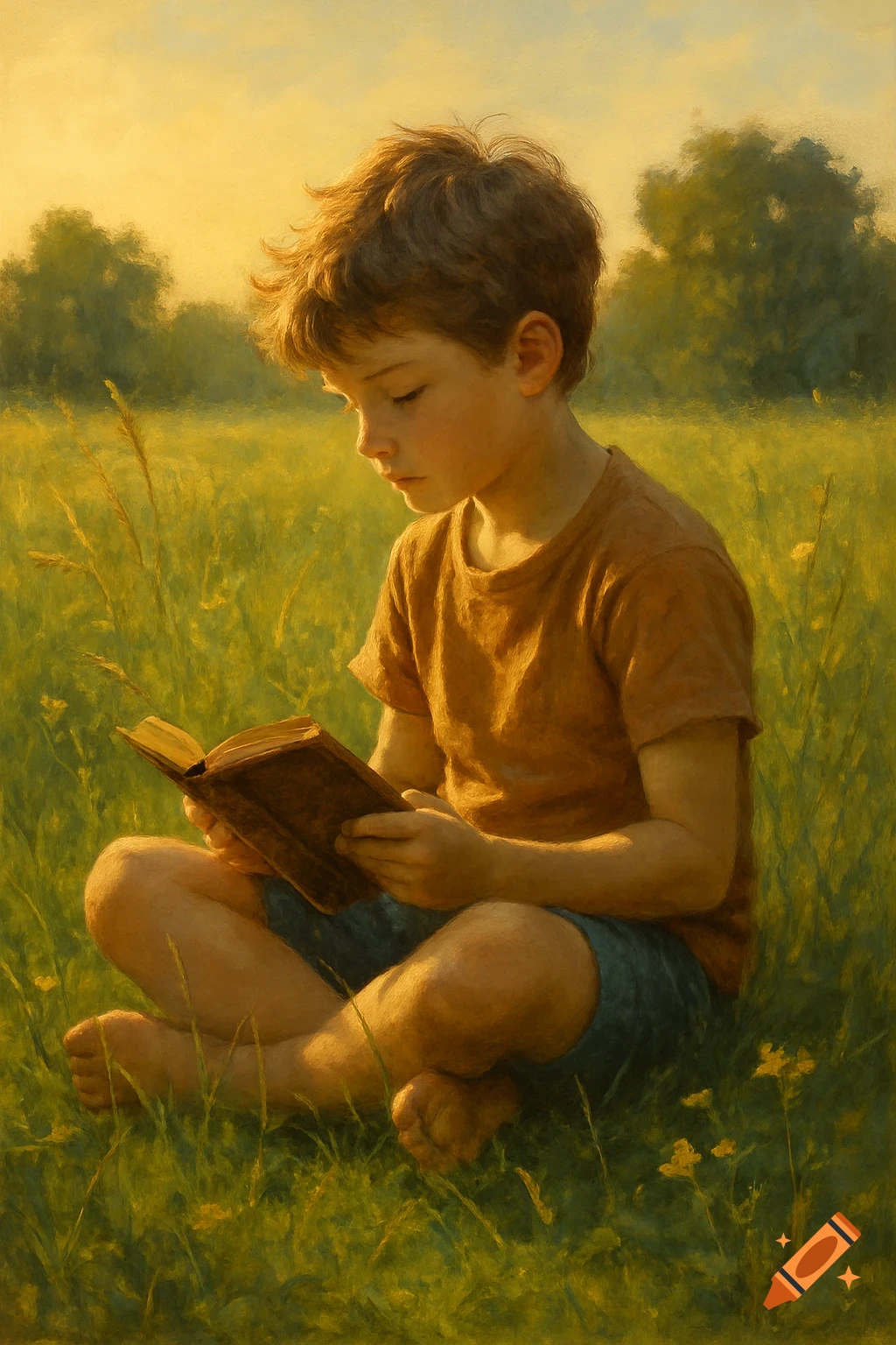 A young boy sits cross-legged in a sunlit grassy field, engrossed in reading a book, rendered in a painterly style.