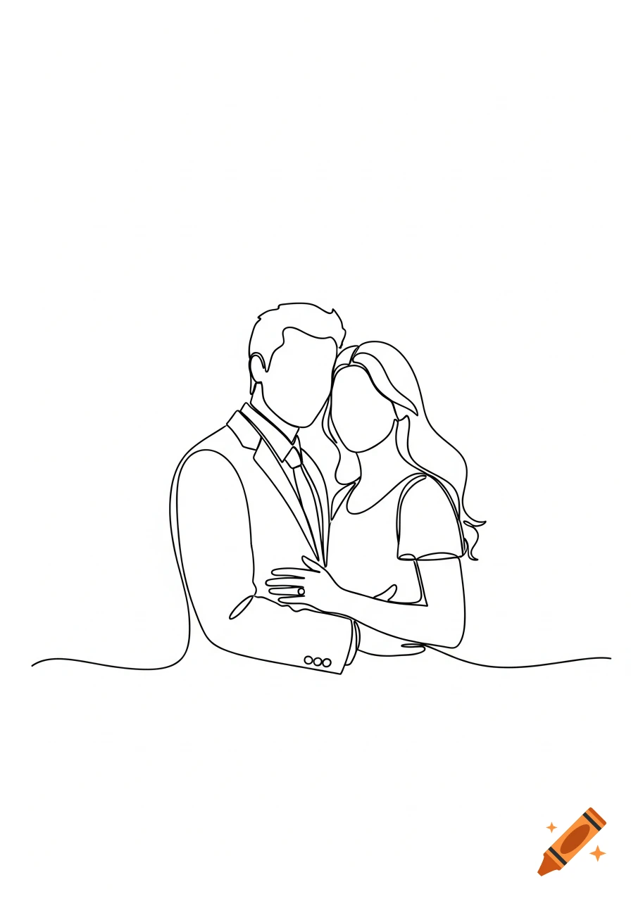 Minimalist continuous line drawing of a man in a suit and a woman embracing, the woman wearing a ring.
