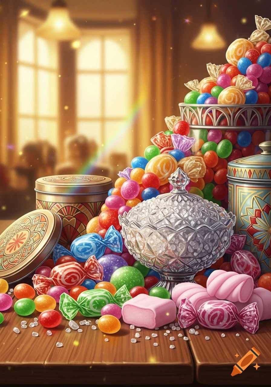 A vibrant, detailed image of an overflowing pile of colorful candies, marshmallows, and wrapped sweets on a wooden table, with decorative jars and a blurred shop background.