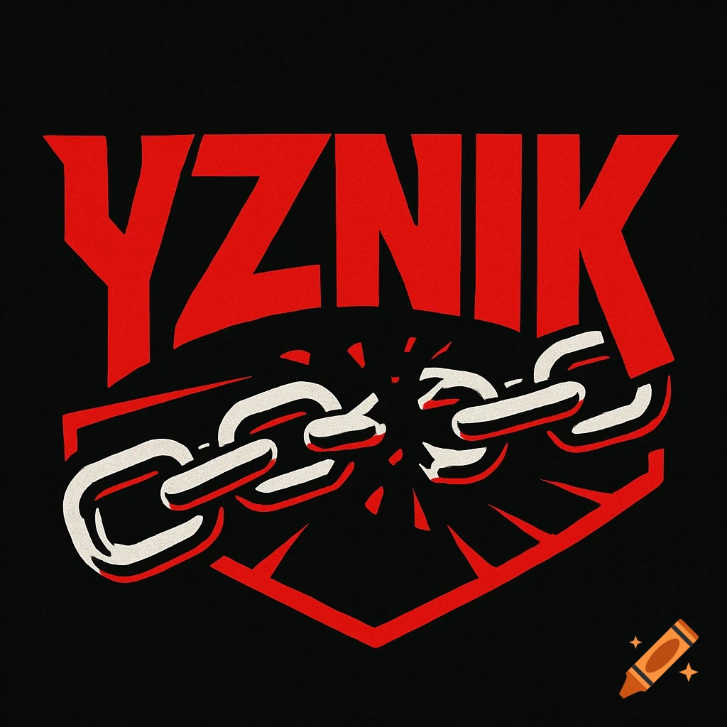 A bold red, white, and black graphic logo featuring the word YZNIK above a stylized breaking metal chain.