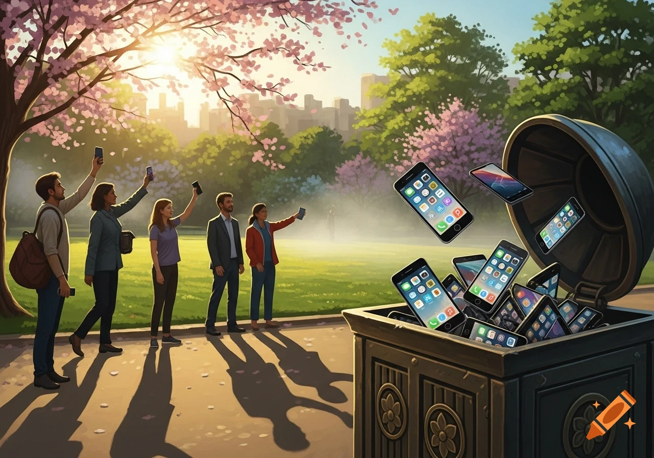 People under cherry trees in a sunny park with a cityscape background, some holding up smartphones, others being discarded into a trash can.