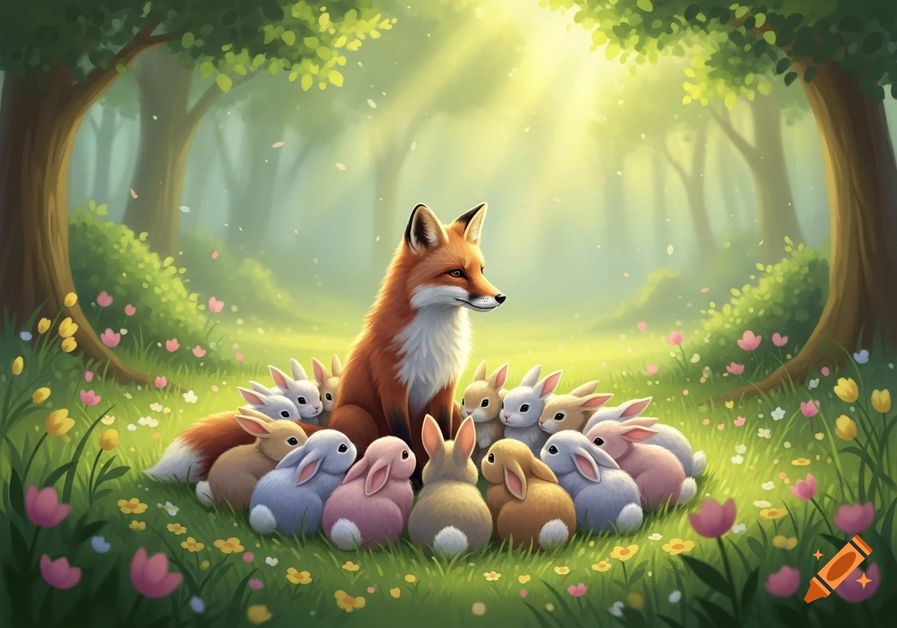 A cute fox sits surrounded by numerous baby rabbits of various colors ...