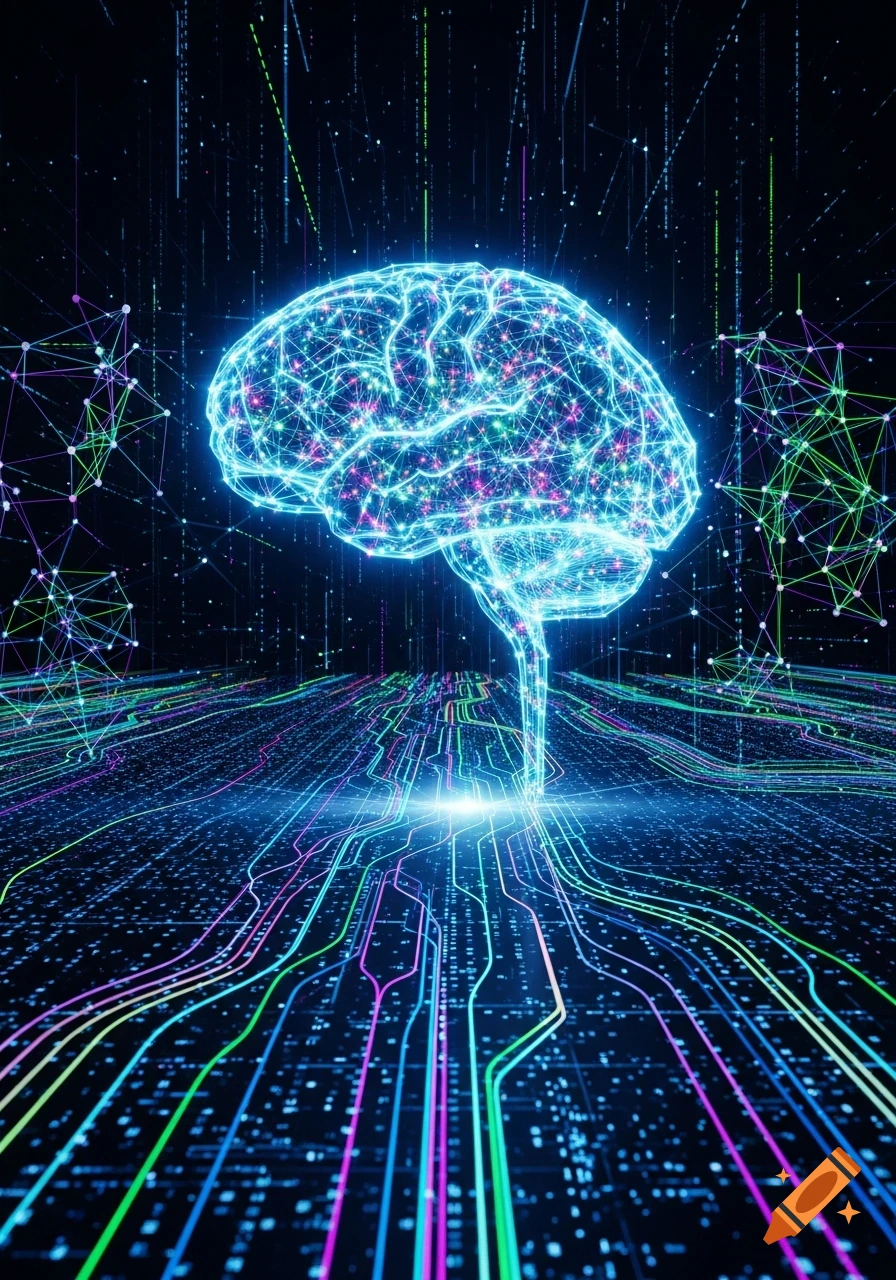 A glowing, futuristic digital illustration of a human brain emerging from a network of light trails and data streams.