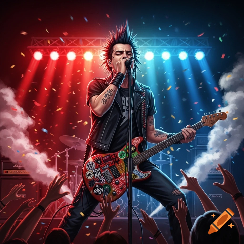 A male punk rock singer with a mohawk performs on stage, playing a sticker-covered electric guitar and singing into a microphone amidst red and blue lights and confetti.