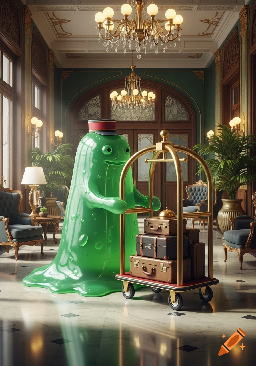 A photorealistic green gelatinous blob creature wearing a bellhop hat, pushing a luggage cart through a luxurious hotel lobby.