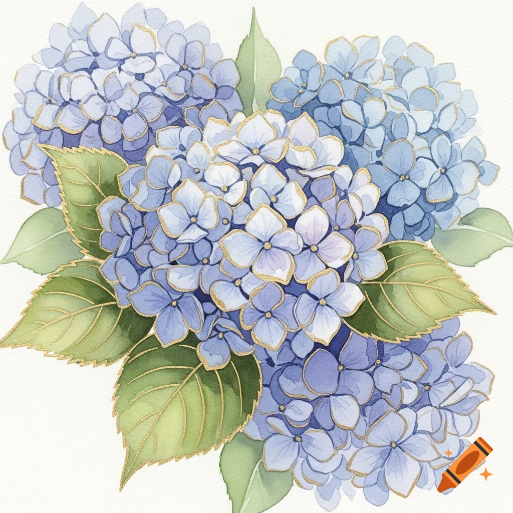 Watercolor painting of blue and purple hydrangeas with gold accents on petals and leaves.