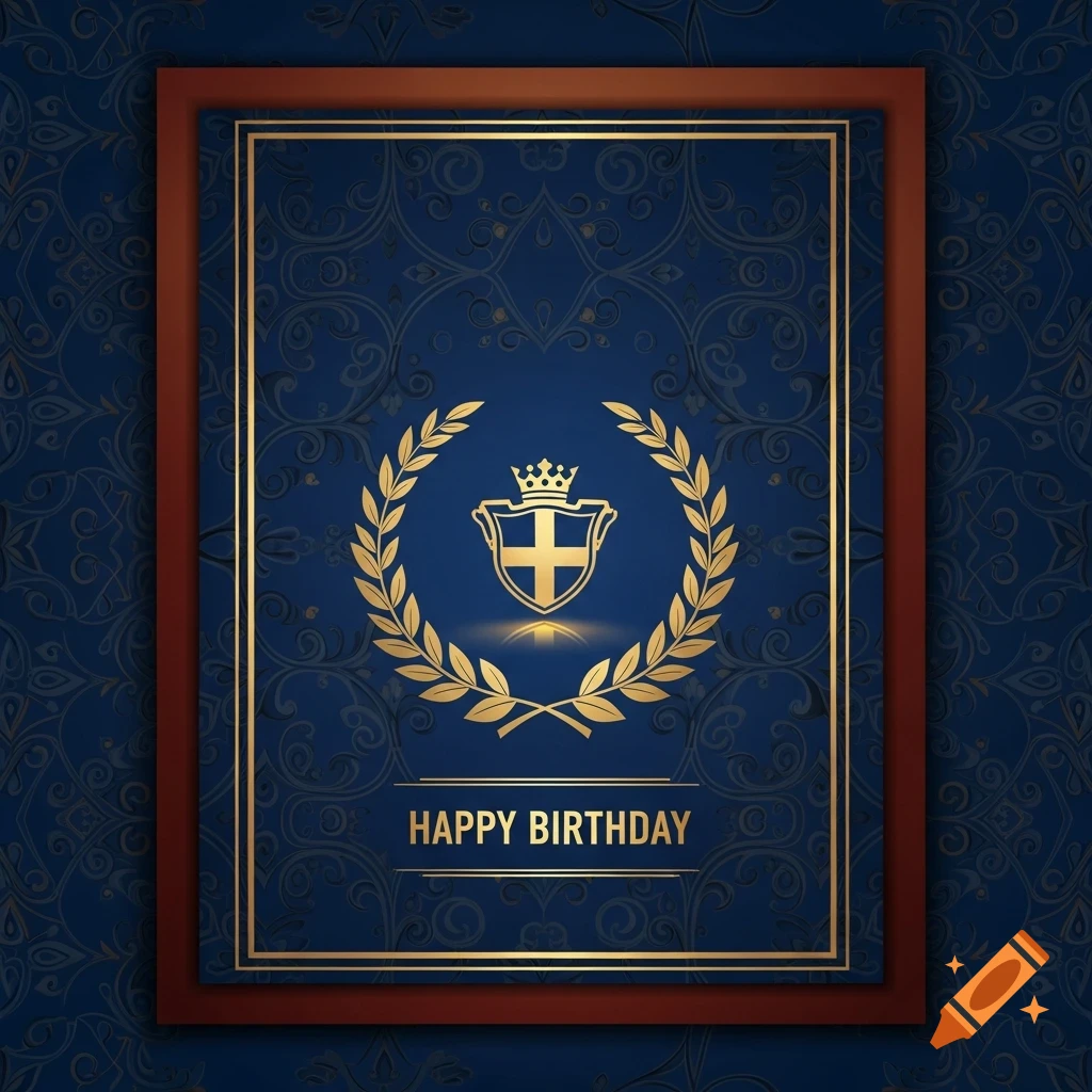 Elegant blue and gold birthday card in a brown frame, featuring a central crest with a crown and cross, surrounded by a laurel wreath. The text "HAPPY BIRTHDAY" is displayed below the emblem.