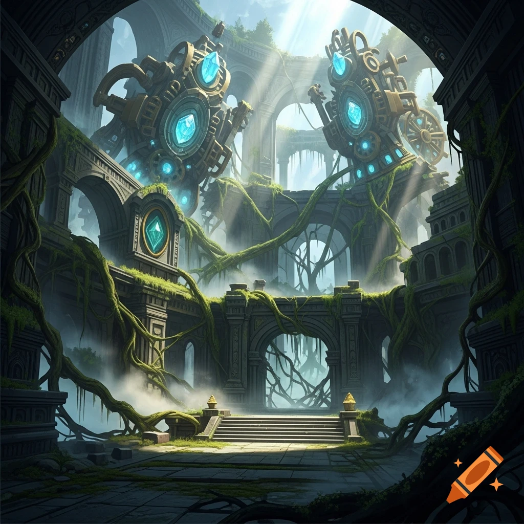 Digital art of ancient fantasy ruins with glowing steampunk machinery ...