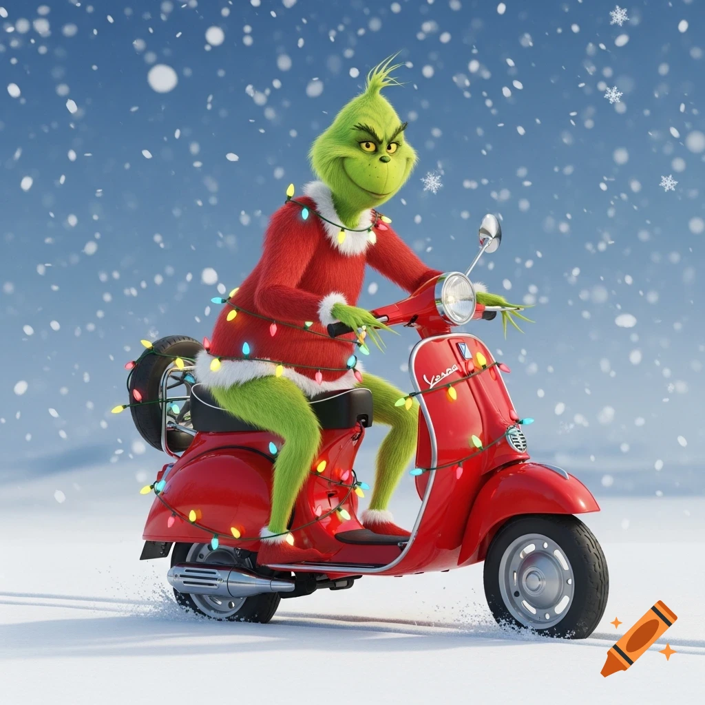 The Grinch in a Santa suit, wrapped in Christmas lights, happily riding a red Vespa scooter in the snow.