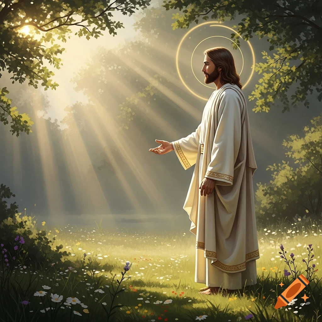 Jesus stands in a sun-drenched meadow, hand extended, surrounded by trees and wildflowers, with a halo.