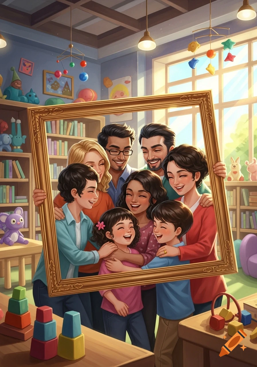 A diverse group of seven smiling people, including adults and children, happily hug and pose behind a large golden picture frame in a bright playroom filled with toys and bookshelves.