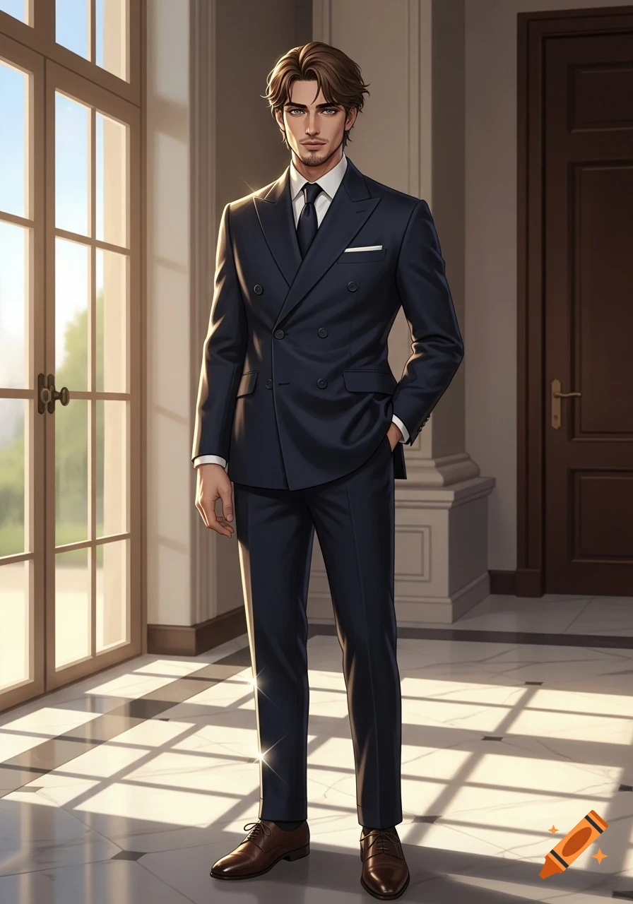 An illustrative style portrait of a handsome man in a dark double-breasted suit standing in a sunlit hall.