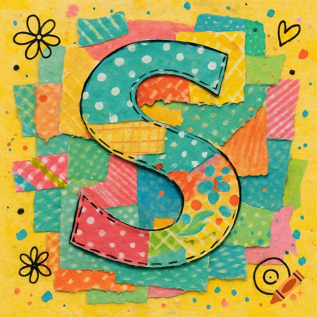 A vibrant, mixed-media scrapbook-style illustration of the letter S made from colorful torn paper, patterns, stitched edges, and doodles.