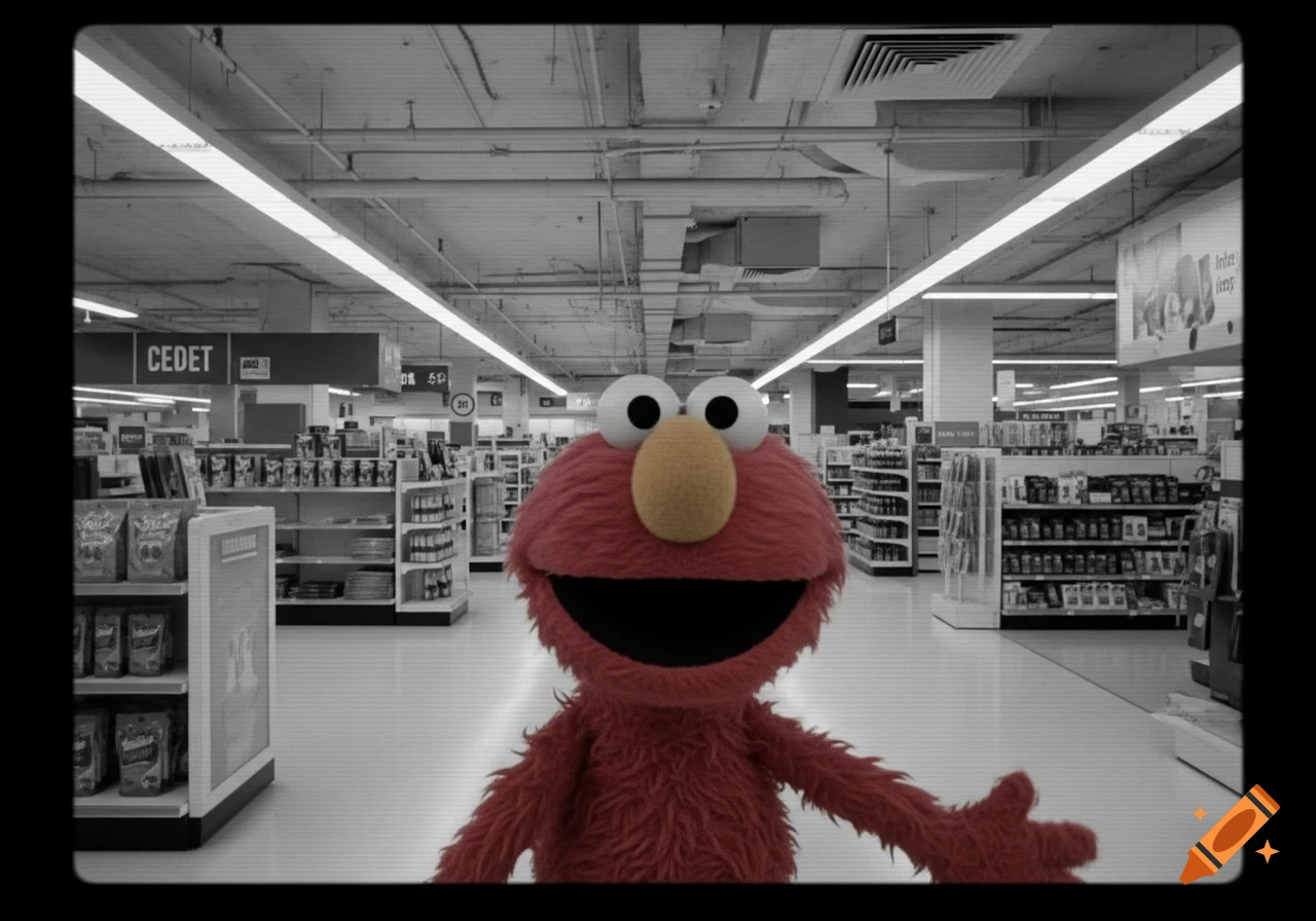 A creepy, partially colorized Elmo stares directly at the viewer in a black and white, deserted supermarket, styled as VHS found footage.