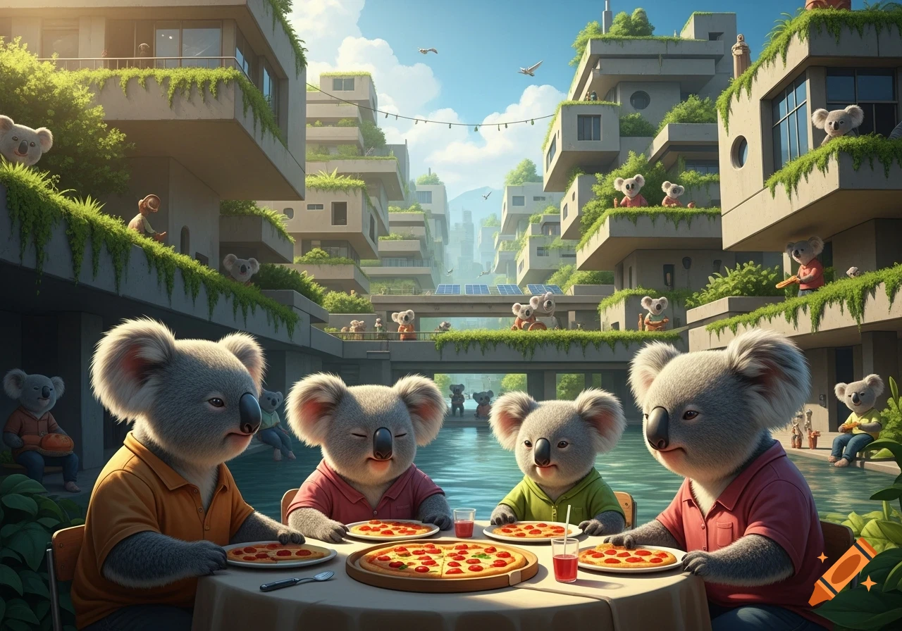 Anthropomorphic koalas share pizza at a table in a lush, eco-futuristic city with green-covered buildings.