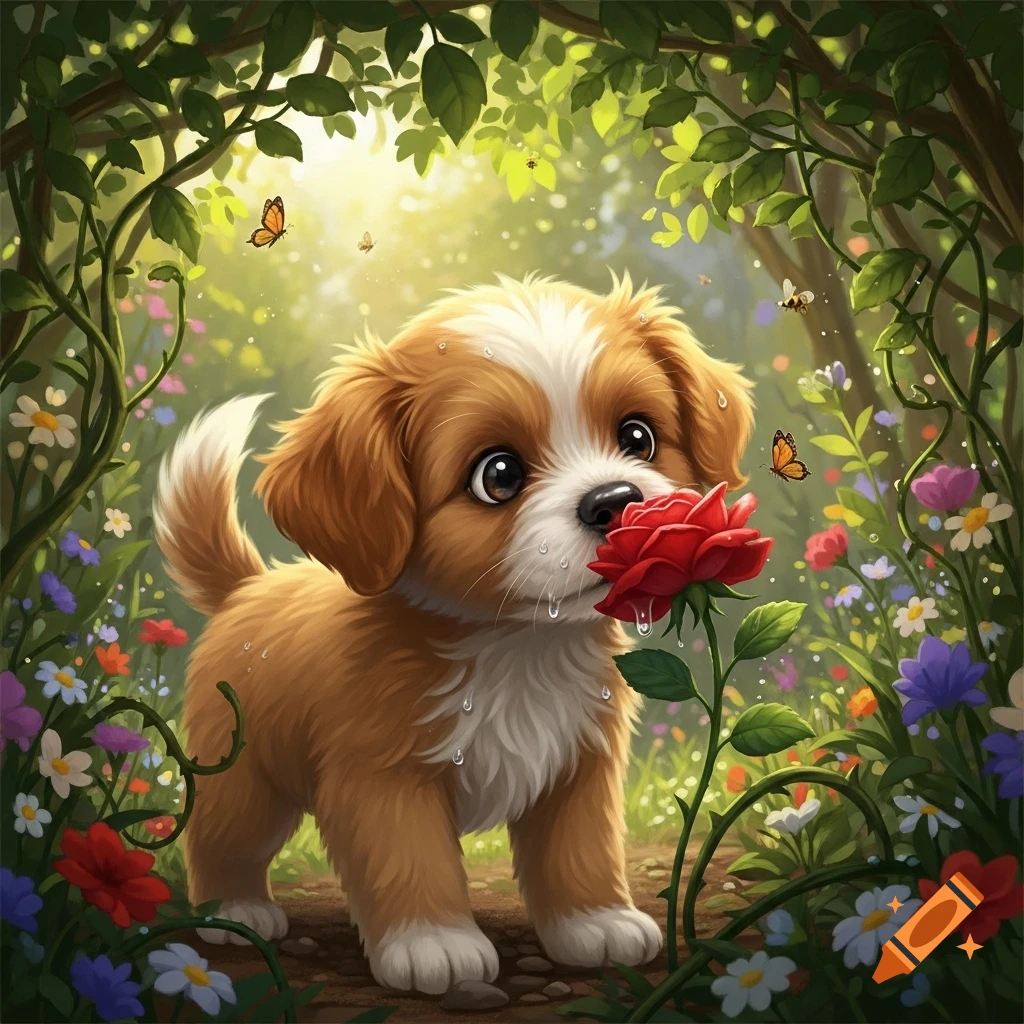 A cute brown and white cartoon puppy smells a red rose in a whimsical forest clearing with colorful flowers and butterflies.