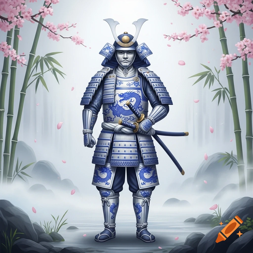 A samurai warrior in blue and white porcelain armor stands amidst bamboo and cherry blossoms.