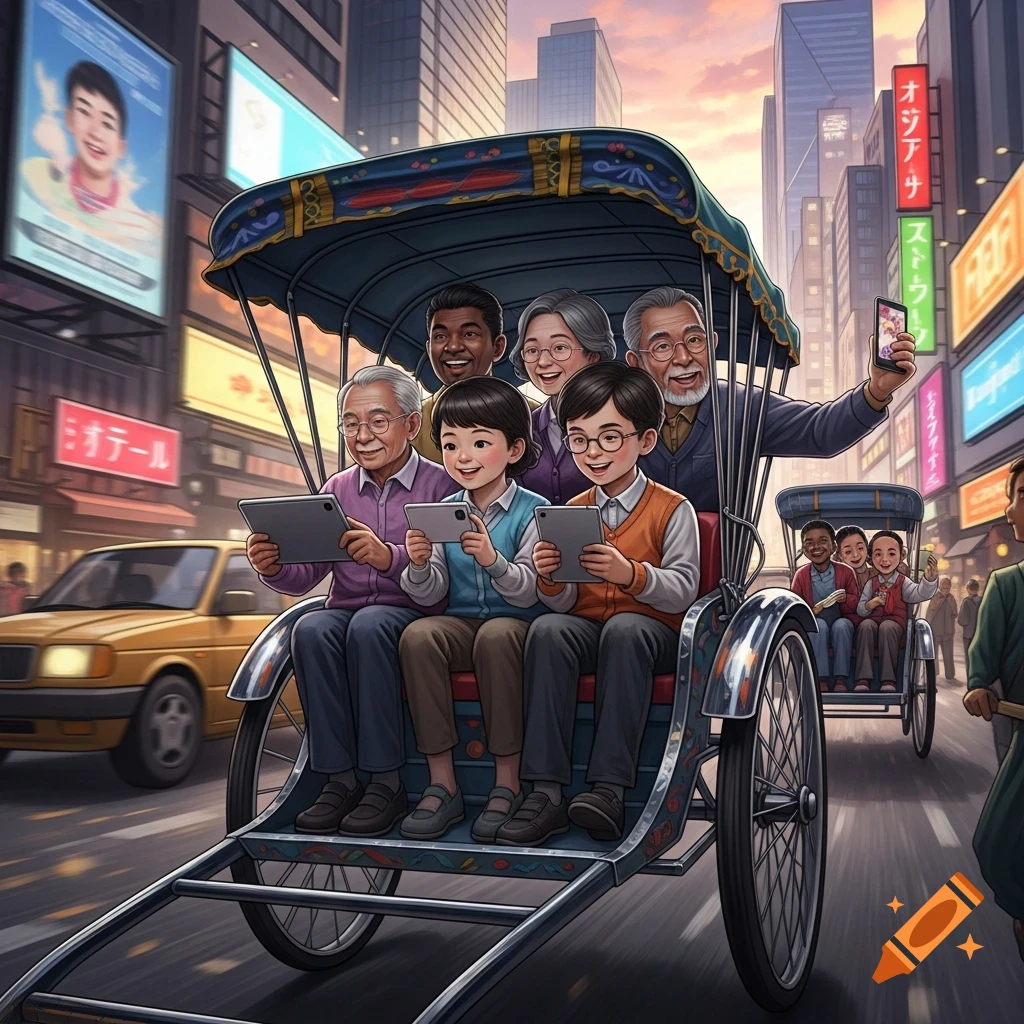A diverse family of old and young people ride in a rickshaw through a bustling city, using tablets and smartphones.