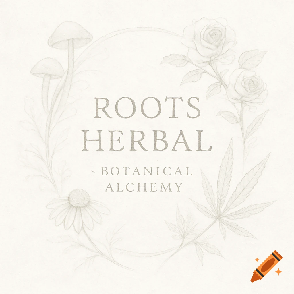 Monochrome sketch logo for Roots Herbal Botanical Alchemy, featuring text within a wreath of mushrooms, roses, chamomile, and cannabis leaves.