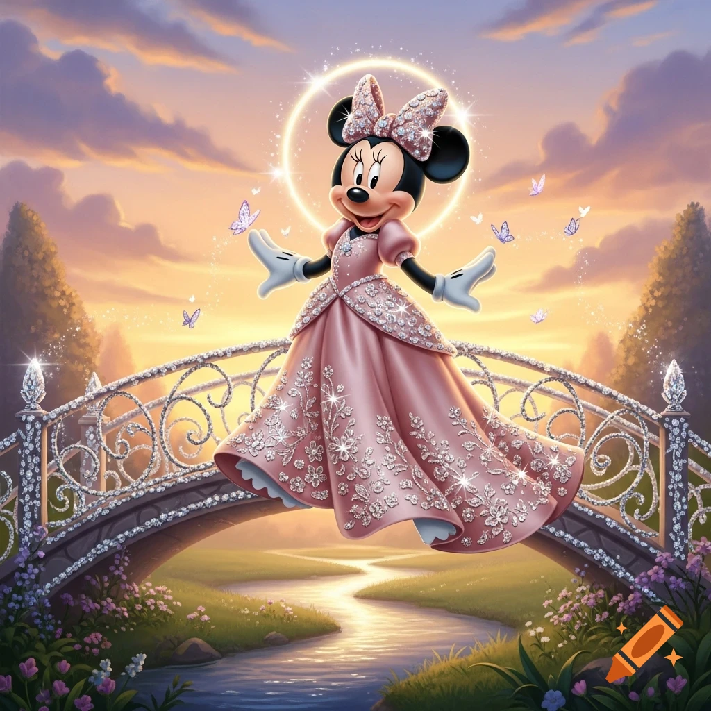 Minnie Mouse in a sparkling pink princess gown, floating above a diamond-encrusted bridge over a stream at sunset, with butterflies around her.