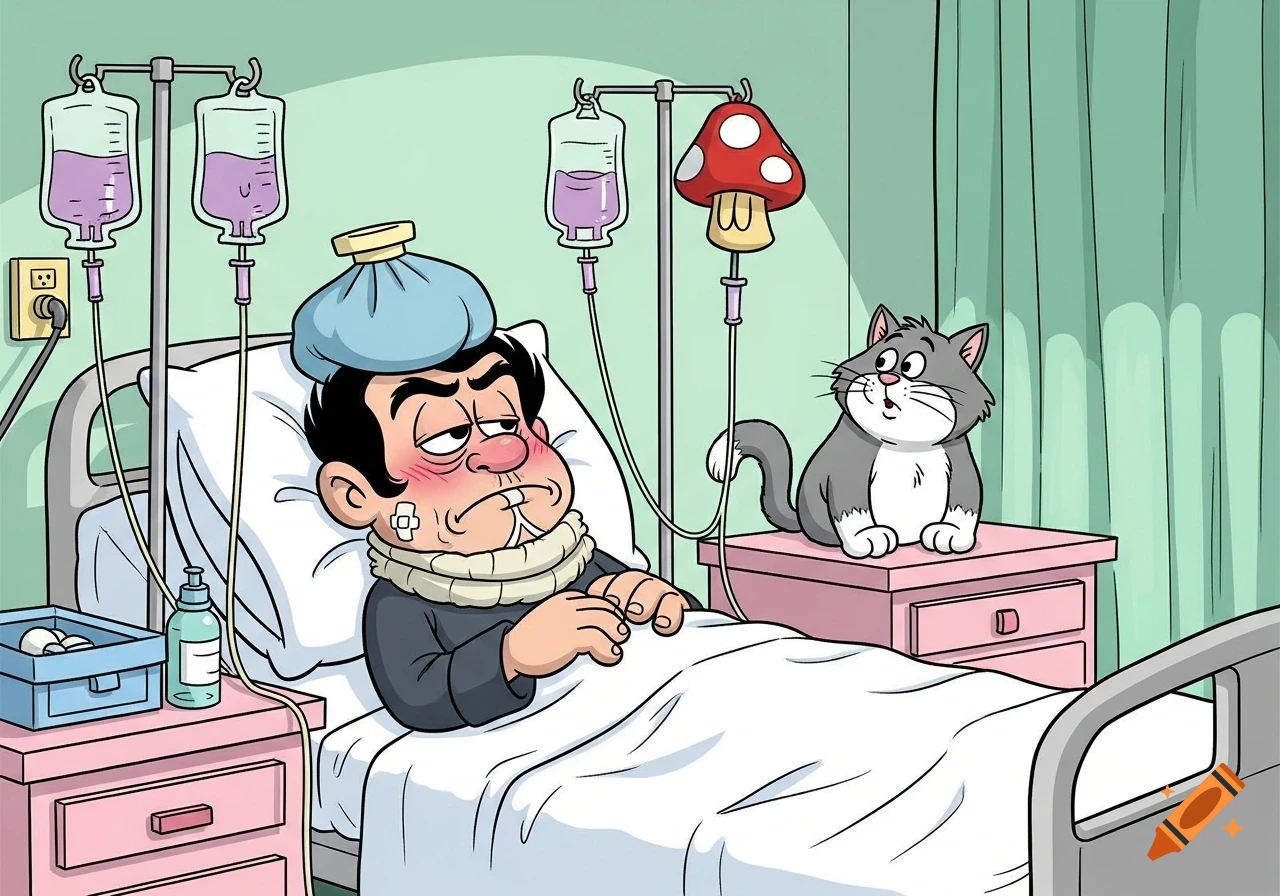 A cartoon man with an ice pack on his head and IVs, lies sick in a hospital bed, with a cat sitting on a pink nightstand next to him.