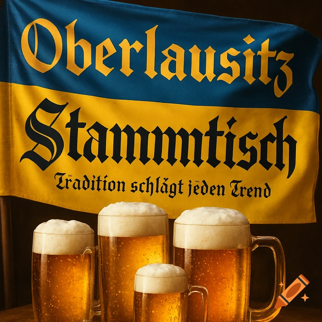 A blue and yellow flag with "Oberlausitz Stammtisch" and "Tradition schlägt jeden Trend" written in yellow and black, above several mugs of foamy beer.