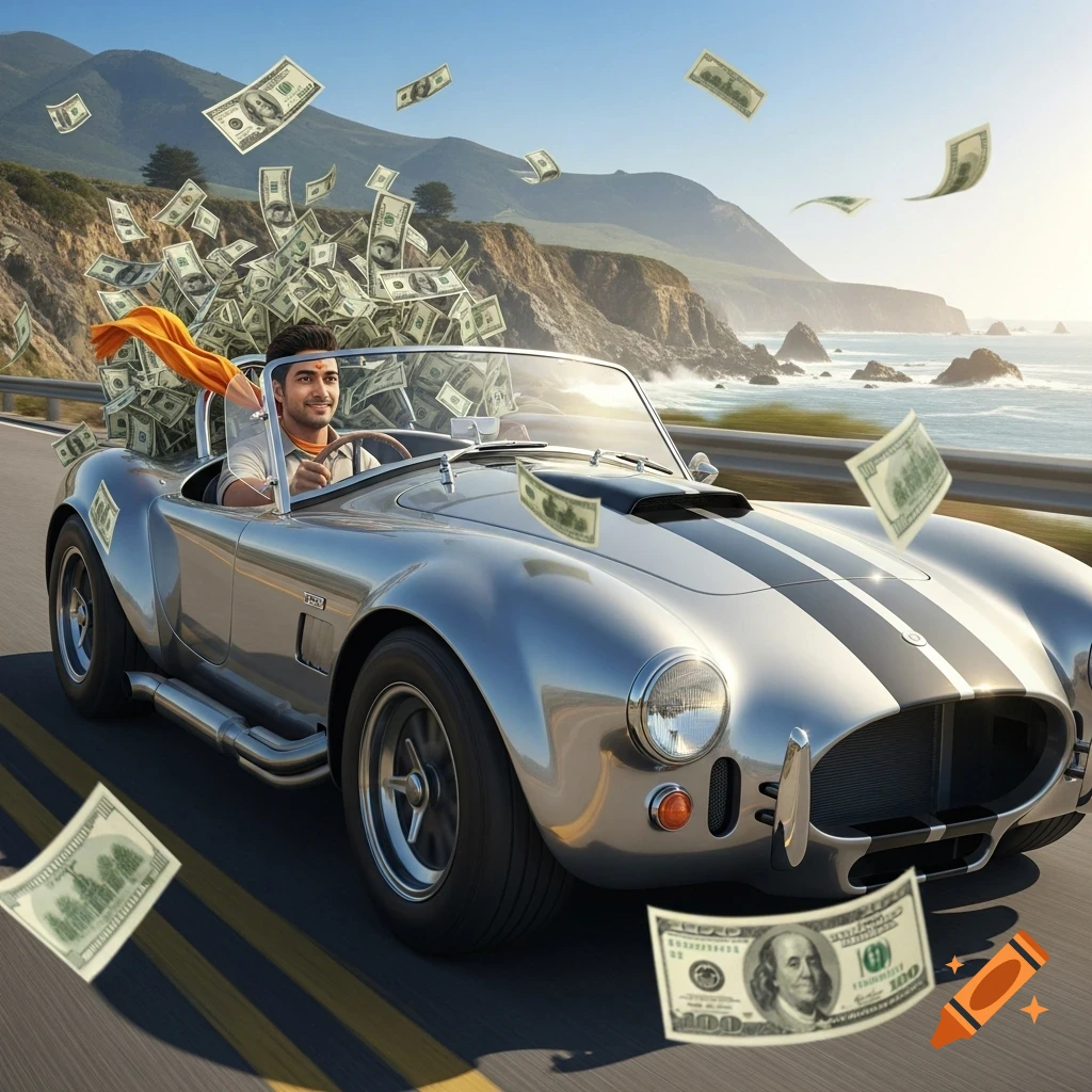 A man in a silver 1960 Shelby Cobra convertible drives along a coastal road as dollar bills fly out of the car.