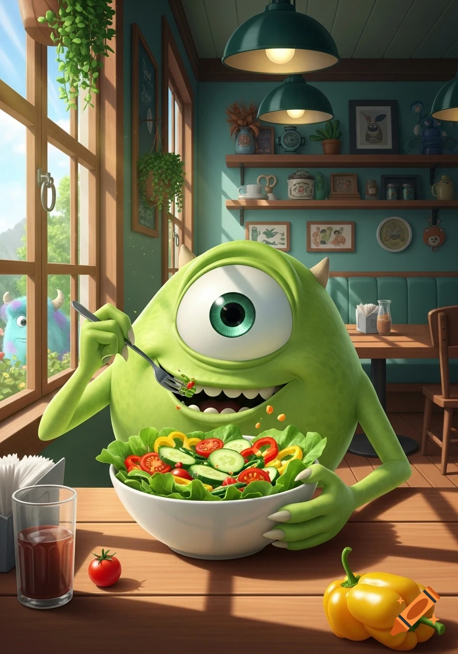 Mike Wazowski happily eats a fresh salad with a fork in a sunlit cafe, with Sully peeking from outside.