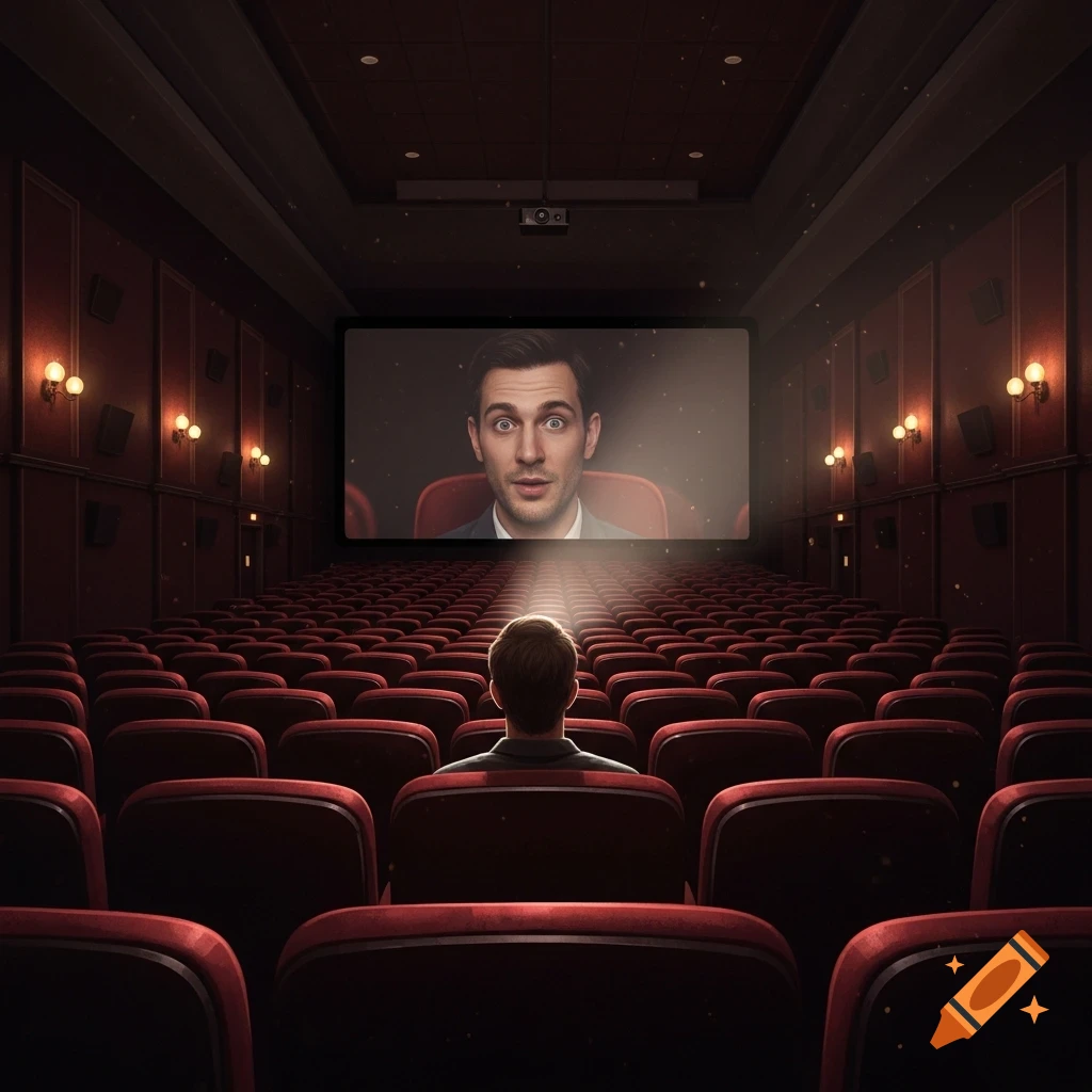 A man sits alone in a dark, empty cinema, watching his own surprised face reflected on the large screen.
