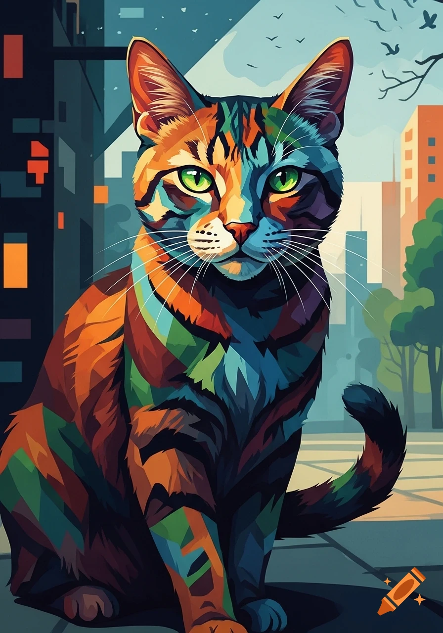 A cubist-style cat with colorful geometric patterns sits in a stylized city landscape.