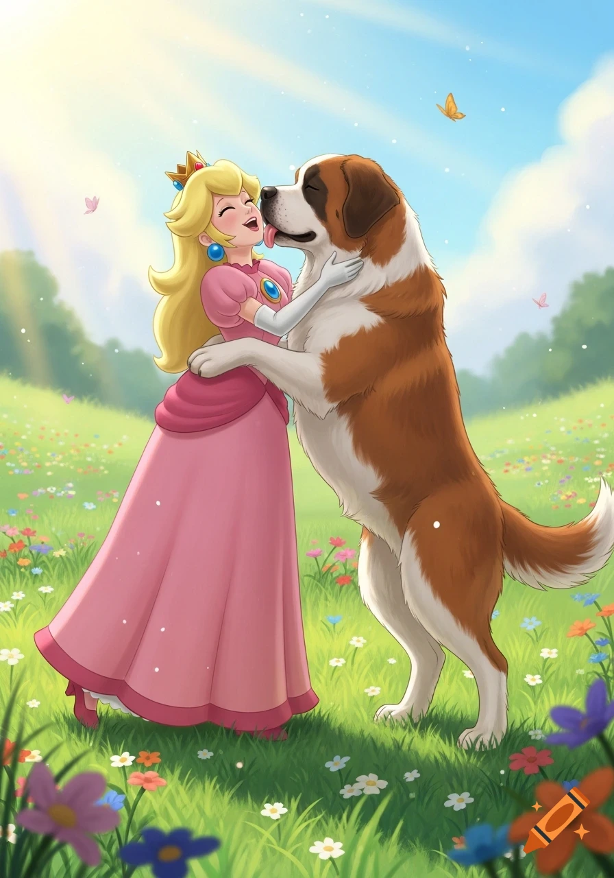 Princess Peach embraces a large St. Bernard dog licking her face in a sunny, flower-filled meadow, in an anime art style.