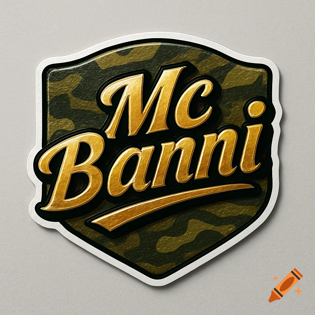 A shield-shaped sticker with metallic gold 'Mc Banni' text over a green camouflage background, on a light gray surface.