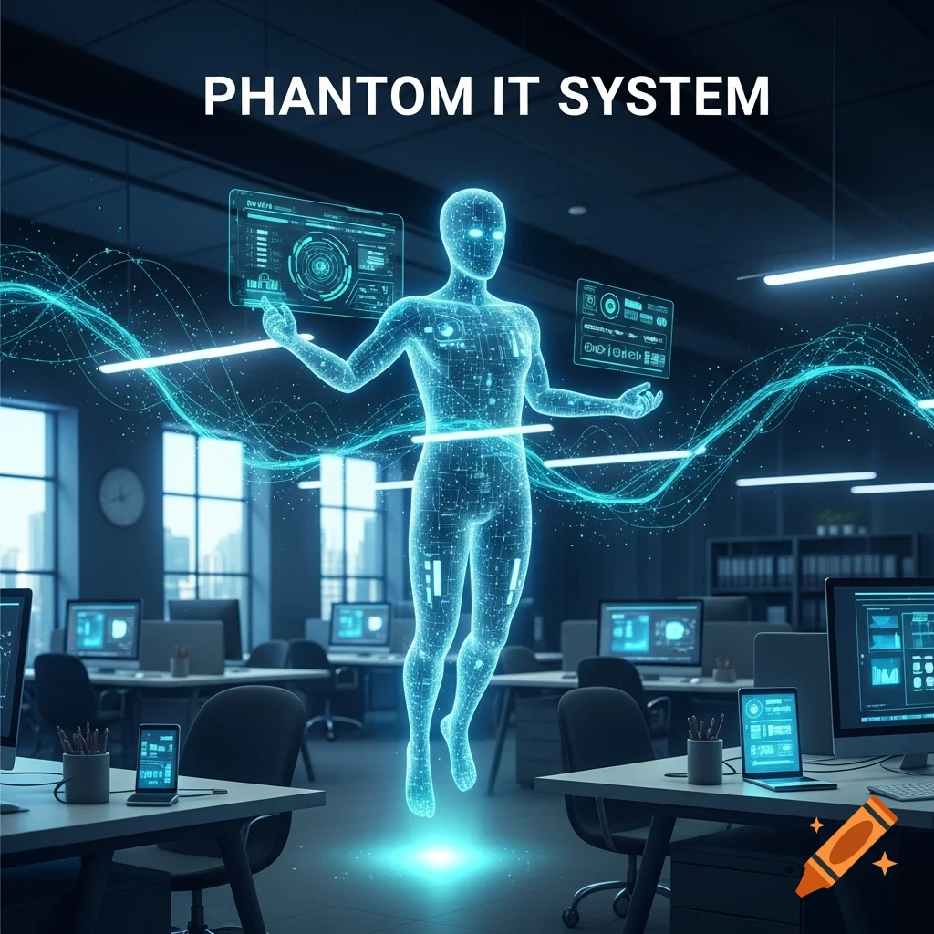 A glowing blue holographic human figure stands in a modern office, surrounded by floating data interfaces, representing a phantom IT system.