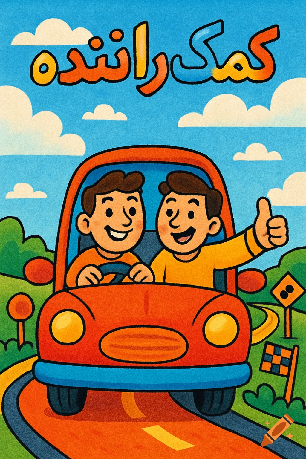 Cheerful cartoon of two men in a red car, one driving, one giving a thumbs up, with Persian text "کمک راننده" above.