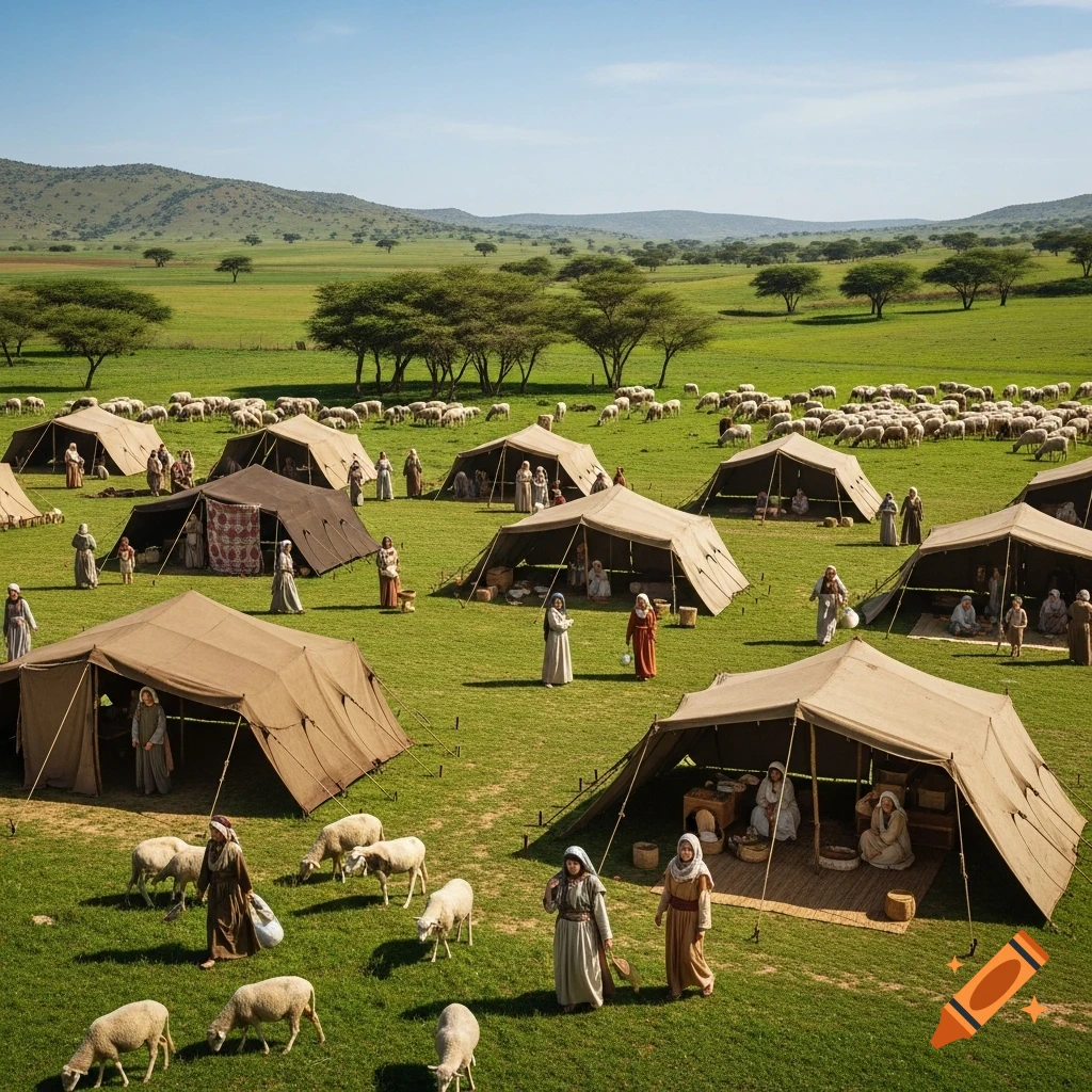 Historical encampment with many brown tents, people, and grazing sheep in a lush green valley with hills under a blue sky, photorealistic.