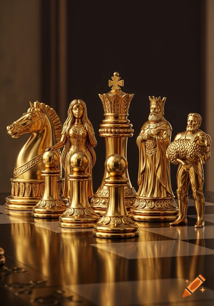 Golden, detailed chess pieces, including a king, queen, knight, and pawns, stand on a reflective chessboard.