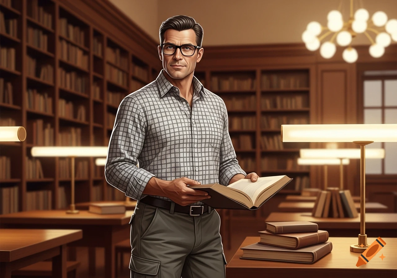 A man in a plaid shirt and glasses stands in a library, holding an open book.