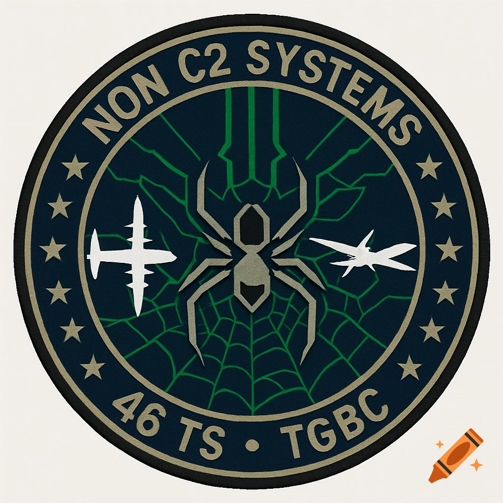 Circular military-style patch with a geometric spider, aircraft silhouettes, stars, and green circuit traces on a dark blue background.